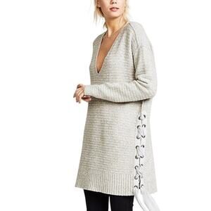 Free People Heart It Lace-Up Gray Oversized Chunky Knit Tunic‎ Sweater Size Med